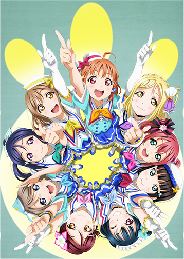 Illustration of animated characters with colorful outfits and a logo for 'Aqours First Love Live! Step! ZERO to ONE' on a white background.